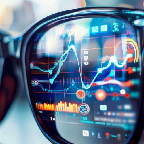 Eye health monitoring smart glasses displaying data analytics on lens in an everyday use scenario